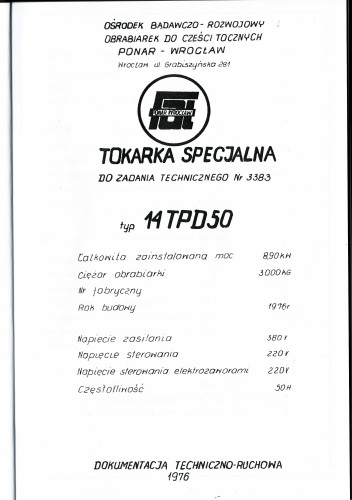 Dokumentacja DTR Tokarka PONAR 14TPD50