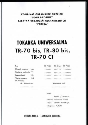 Dokumentacja DTR Tokarka TR-70/80 bis