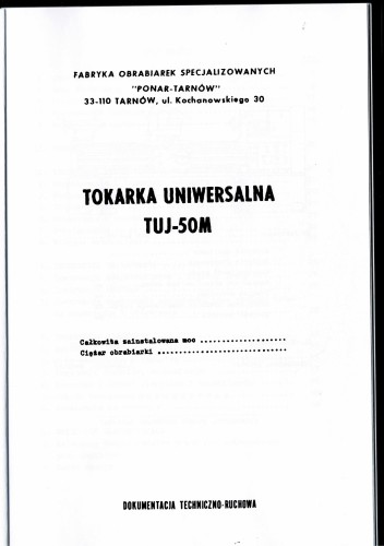 Dokumentacja DTR Tokarka ZMT TUJ-50M