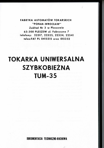 Dokumentacja DTR Tokarka TUM 35